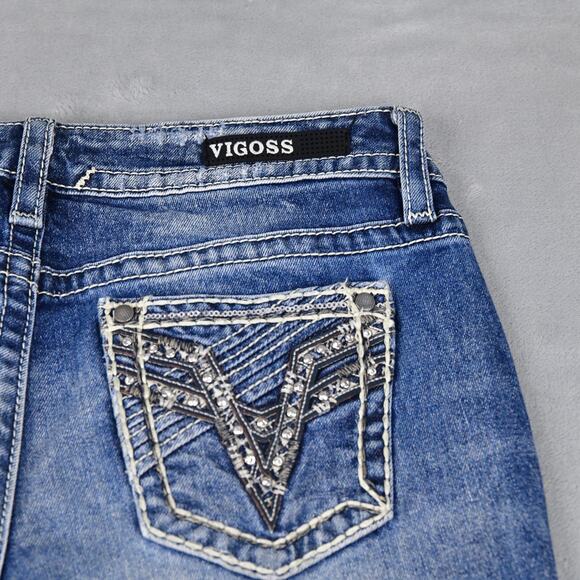 VIGOSS Jeans Womens 6 (30x33) Straight Rhinestone Blue Denim Stretch - Picture 9 of 12